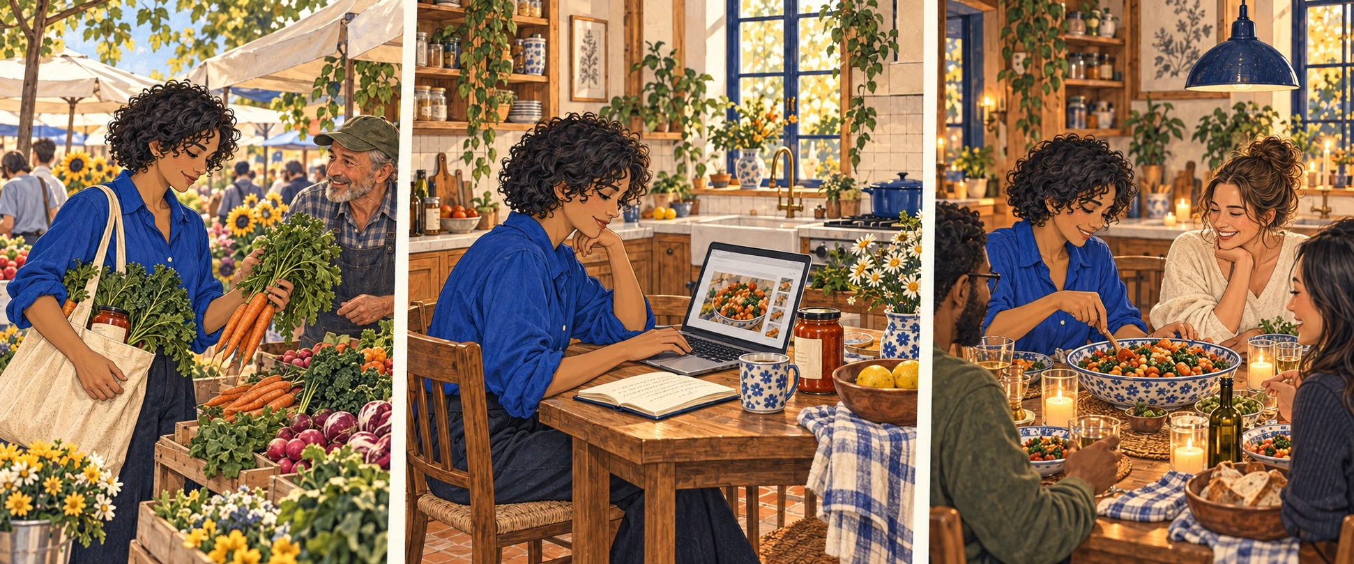 The same woman chooses vegetables at a market, considers a food brand’s meal suggestion at home and shares the meal with friends.