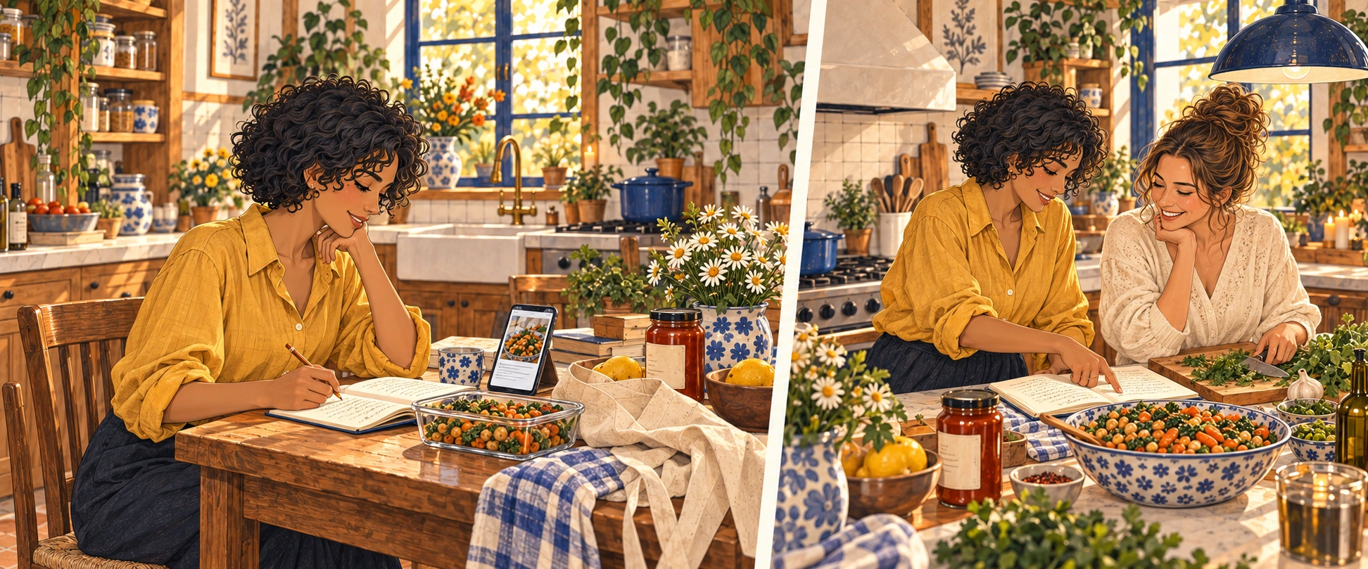 On another day, the same woman wears an ochre shirt as she revisits her meal notes, plans another shop and shares the preparation with her friend.