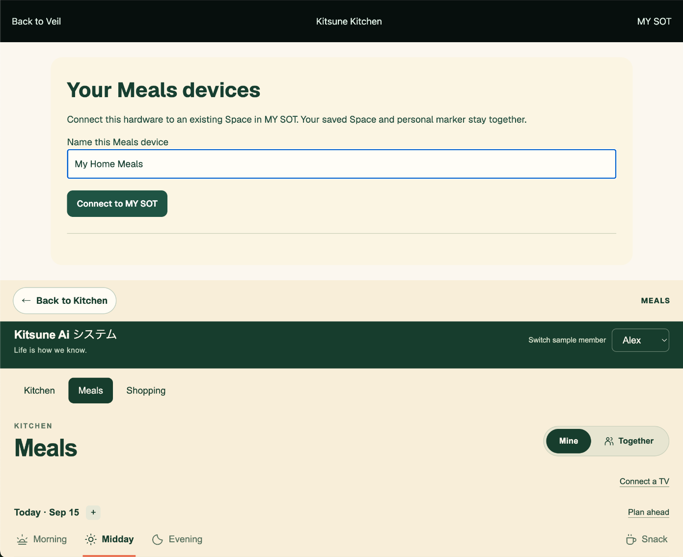 Meals setup showing the device name, connection to a Kitchen Space, and Kitchen, Meals and Shopping navigation.