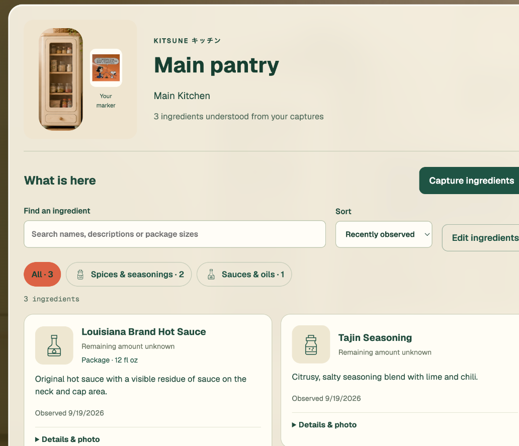 Main pantry with three captured ingredient findings, observed dates, correction controls and unknown remaining amounts.