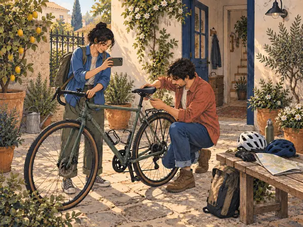 One person captures a bicycle adjustment while the other makes it.