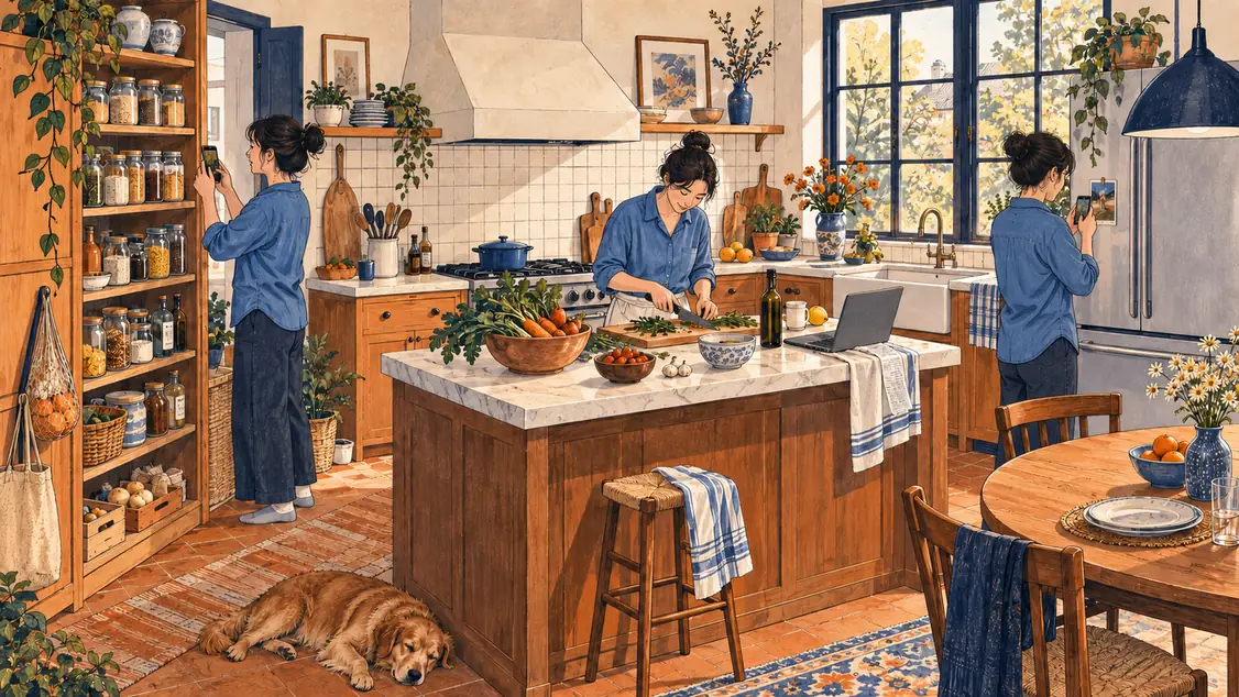 The same woman at three different moments: capturing pantry ingredients, preparing food and using her phone to scan the picture marker on the fridge.